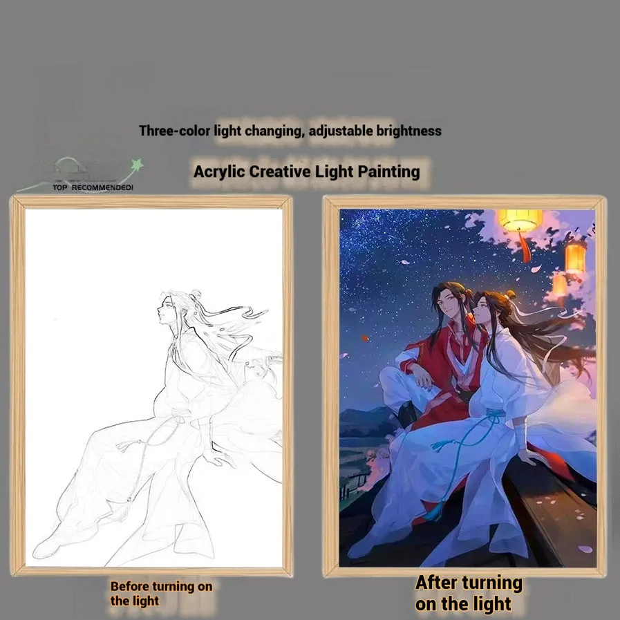 Solid wood framed decorative painting of Huacheng Xie Lian with USB light, 23x17cm size, vertical display