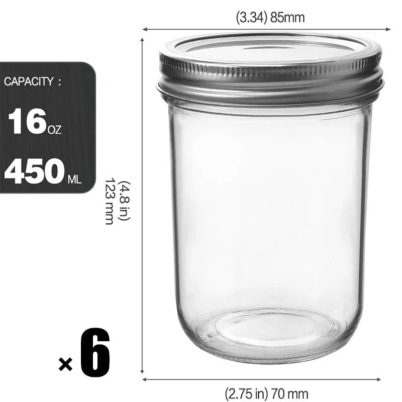 Six 16oz transparent glass jars with wide mouths and sealed lids on a shelf
