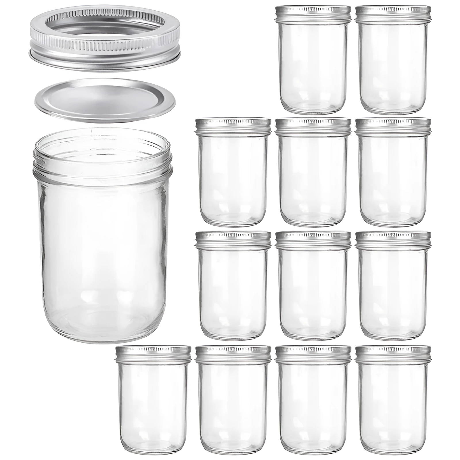 Six 16oz transparent glass jars with wide mouths and sealed lids on a shelf