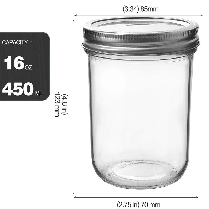 Six 16oz transparent glass jars with wide mouths and sealed lids on a shelf