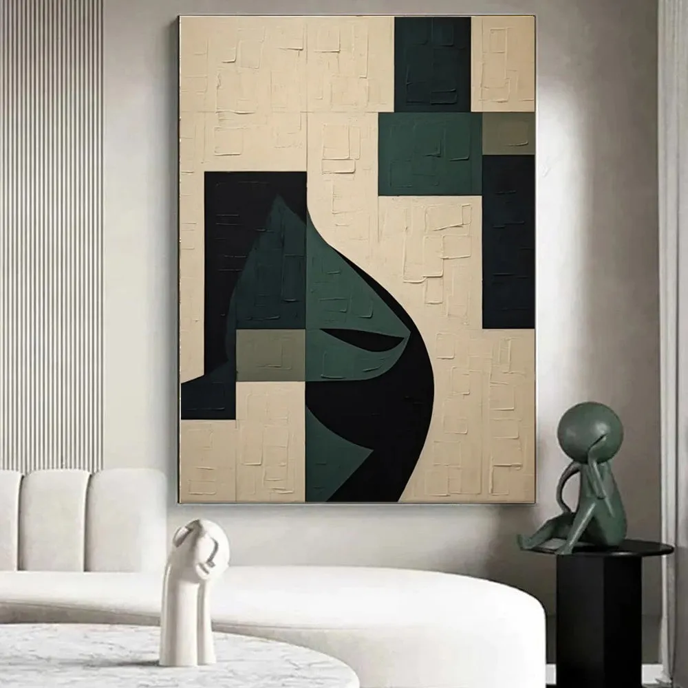 Handmade modern green abstract texture oil painting on canvas, rolled frameless wall art