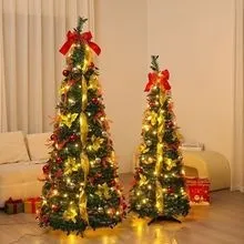 Green velvet foldable telescopic Christmas tree with warm lights on floor-standing base in indoor room setting