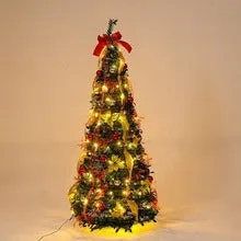 Green velvet foldable telescopic Christmas tree with warm lights on floor-standing base in indoor room setting