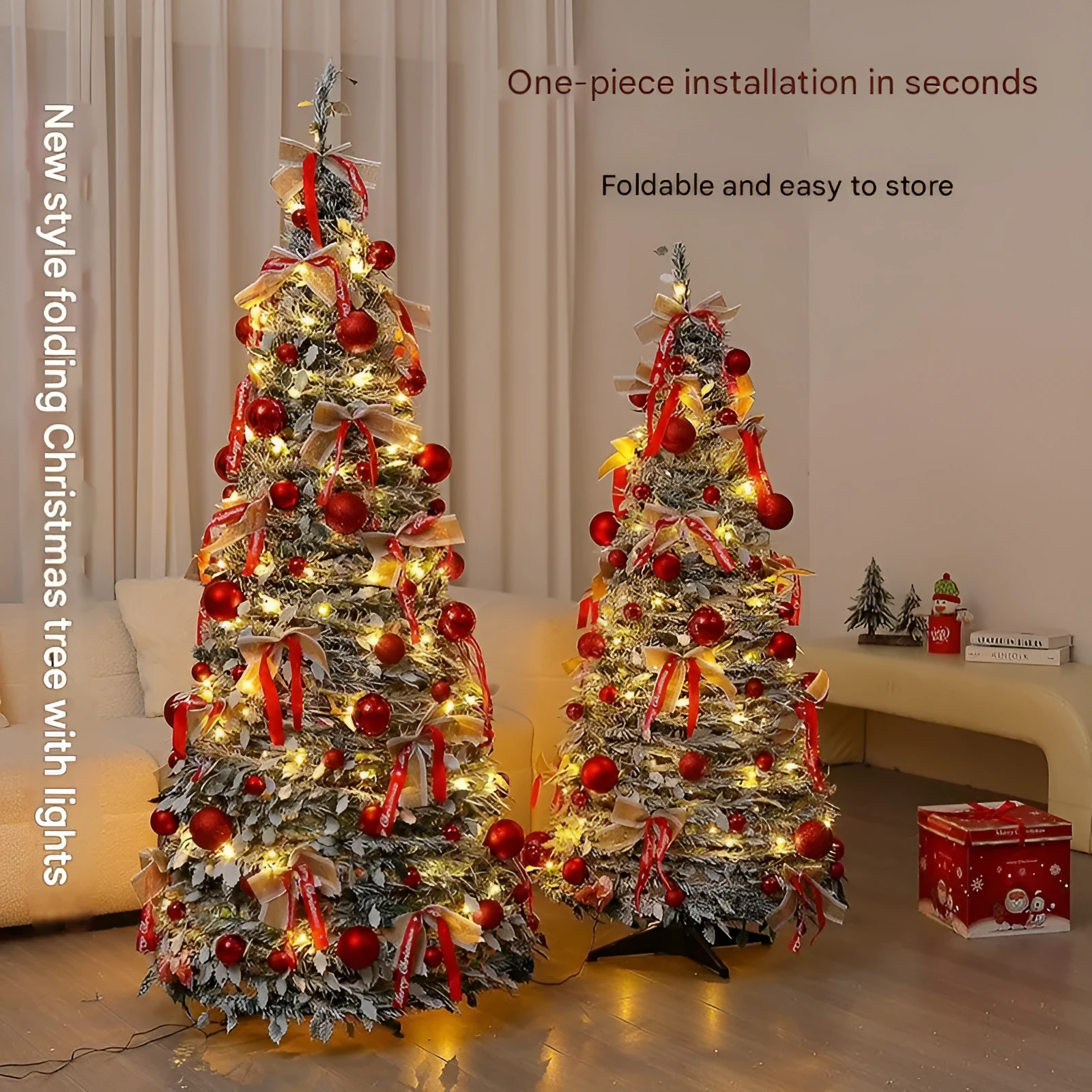 Green velvet foldable telescopic Christmas tree with warm lights on floor-standing base in indoor room setting
