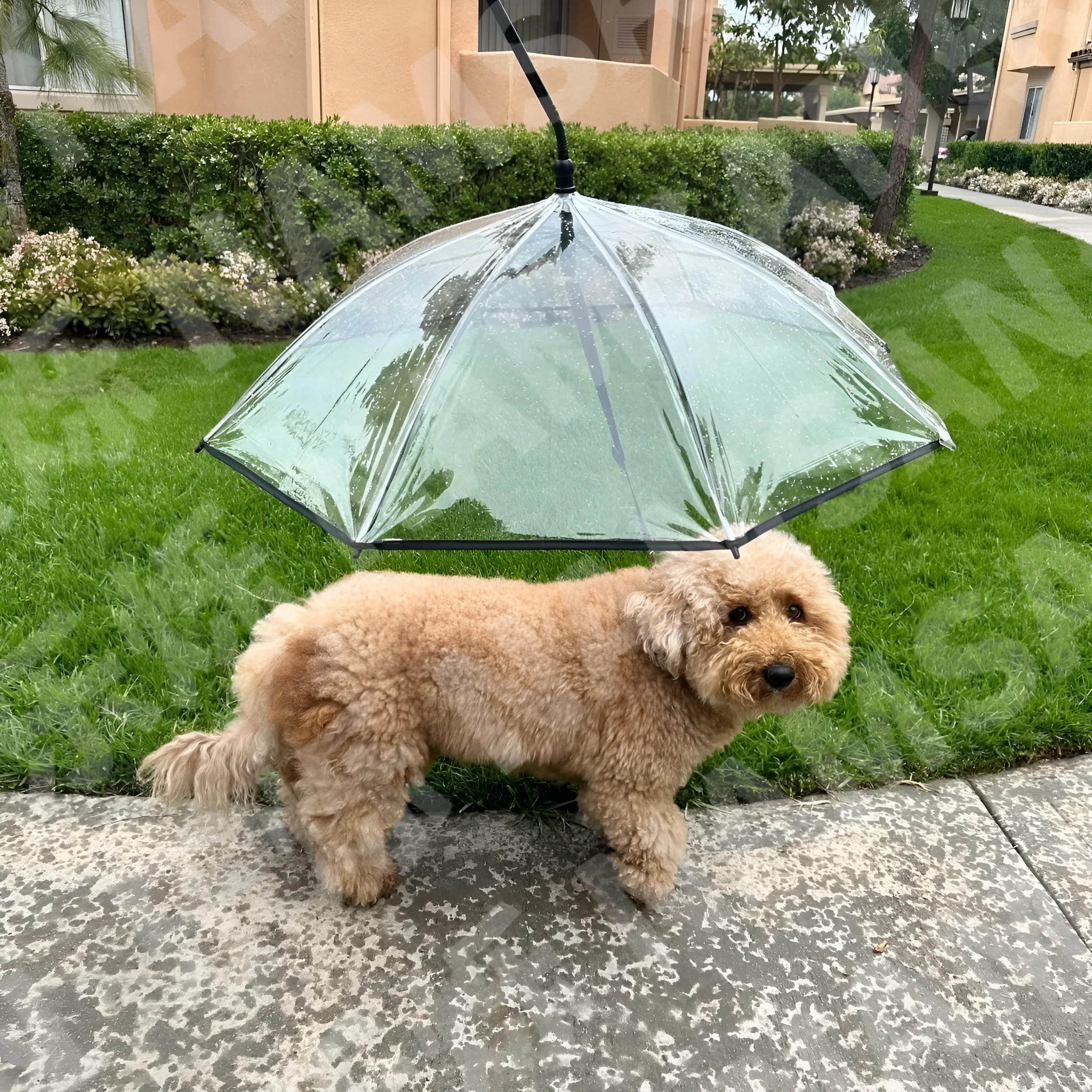 Transparent C-type adjustable pet umbrella for dogs with ABS TPU metal frame attached to leash