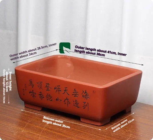 Purple clay Chinese style flower pot with plant on desktop, available in multiple colours and sizes