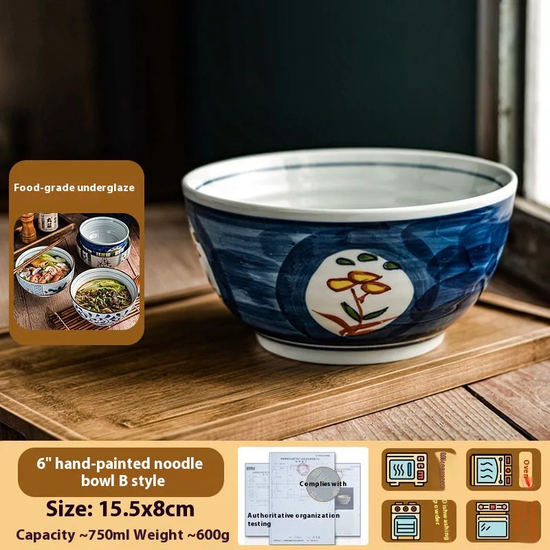 Ceramic 6-inch hand-painted noodle bowl with underglaze pattern and tortoise shell spoon