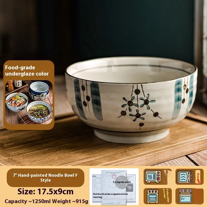 Ceramic 6-inch hand-painted noodle bowl with underglaze pattern and tortoise shell spoon