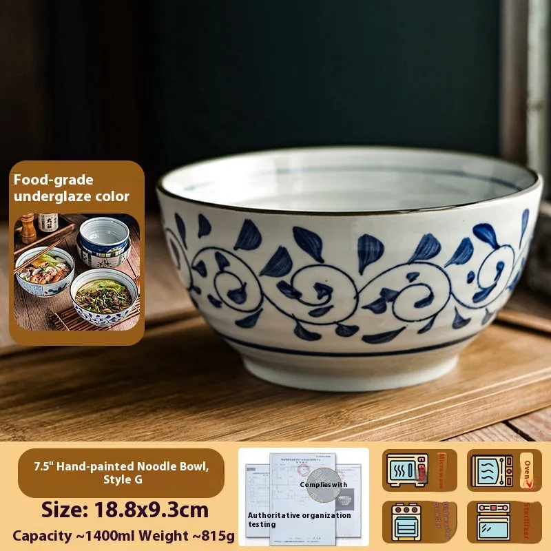 Ceramic 6-inch hand-painted noodle bowl with underglaze pattern and tortoise shell spoon