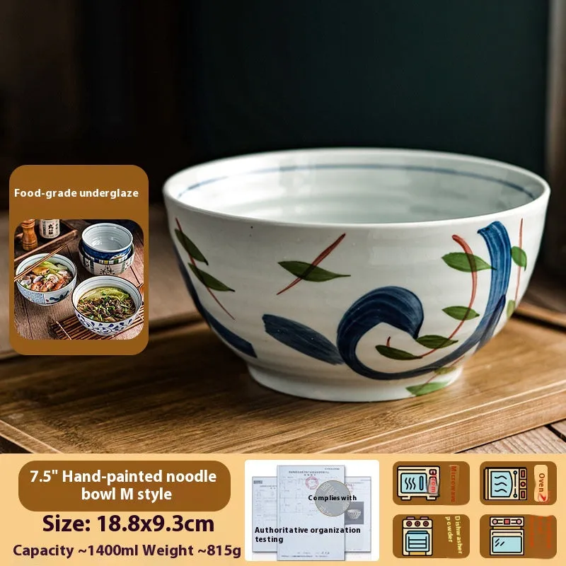 Ceramic 6-inch hand-painted noodle bowl with underglaze pattern and tortoise shell spoon