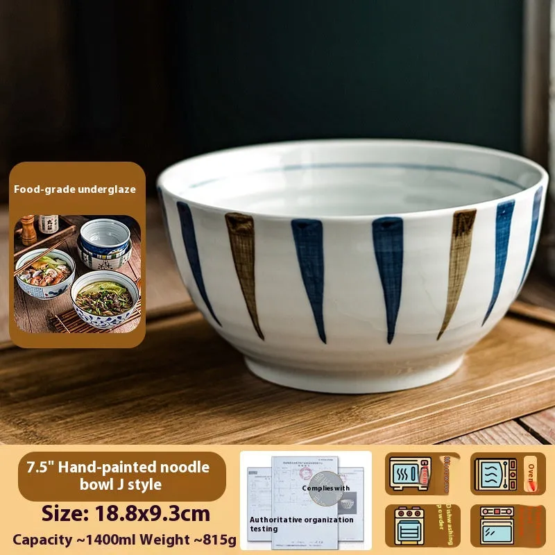 Ceramic 6-inch hand-painted noodle bowl with underglaze pattern and tortoise shell spoon