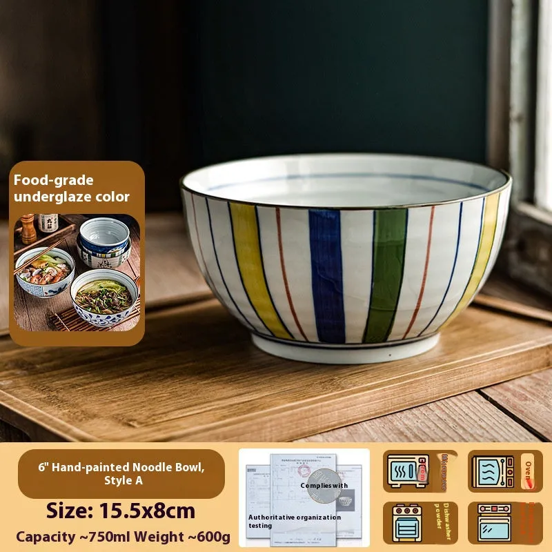 Ceramic 6-inch hand-painted noodle bowl with underglaze pattern and tortoise shell spoon