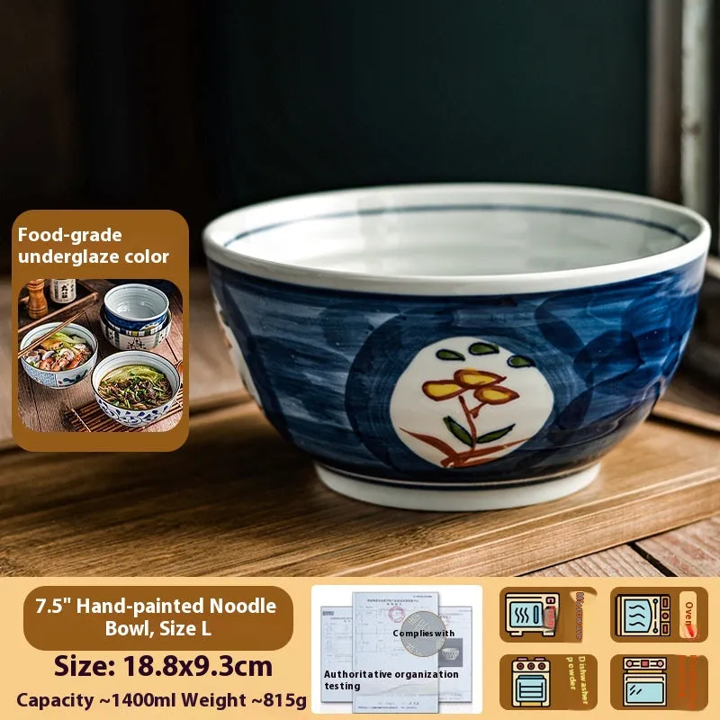 Ceramic 6-inch hand-painted noodle bowl with underglaze pattern and tortoise shell spoon