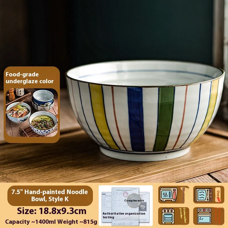 Ceramic 6-inch hand-painted noodle bowl with underglaze pattern and tortoise shell spoon