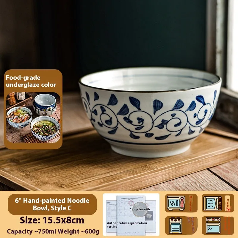 Ceramic 6-inch hand-painted noodle bowl with underglaze pattern and tortoise shell spoon