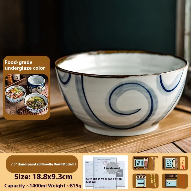 Ceramic 6-inch hand-painted noodle bowl with underglaze pattern and tortoise shell spoon