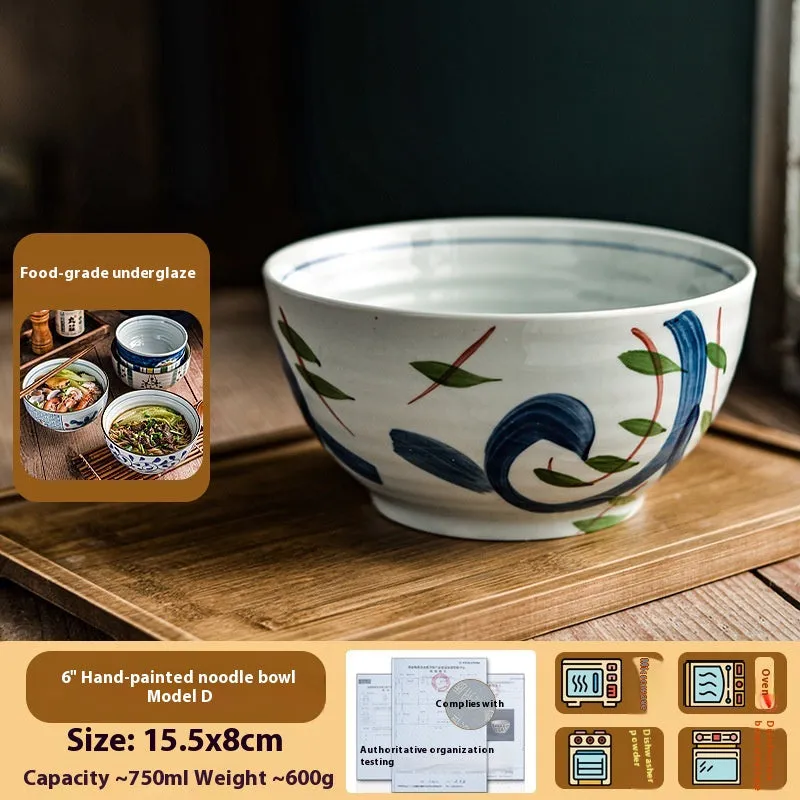 Ceramic 6-inch hand-painted noodle bowl with underglaze pattern and tortoise shell spoon