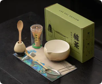 Guyun matcha eight-piece ceramic set including bowl, stand, spoon, strainer, sifter, mat, and Jiangshan shelf in Chinese style