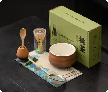 Guyun matcha eight-piece ceramic set including bowl, stand, spoon, strainer, sifter, mat, and Jiangshan shelf in Chinese style