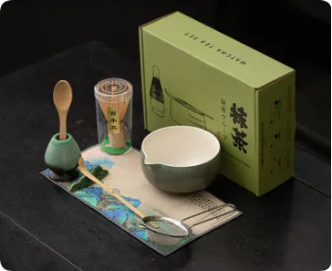 Guyun matcha eight-piece ceramic set including bowl, stand, spoon, strainer, sifter, mat, and Jiangshan shelf in Chinese style