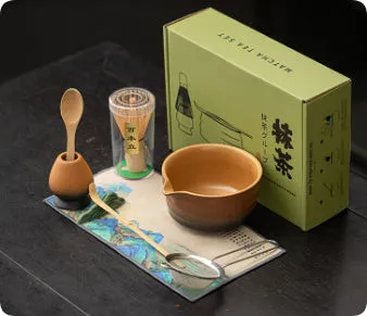 Guyun matcha eight-piece ceramic set including bowl, stand, spoon, strainer, sifter, mat, and Jiangshan shelf in Chinese style