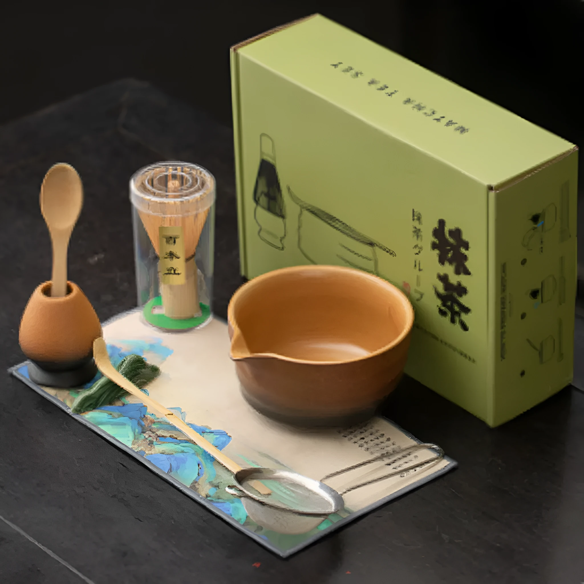 Guyun matcha eight-piece ceramic set including bowl, stand, spoon, strainer, sifter, mat, and Jiangshan shelf in Chinese style