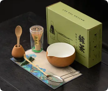 Guyun matcha eight-piece ceramic set including bowl, stand, spoon, strainer, sifter, mat, and Jiangshan shelf in Chinese style
