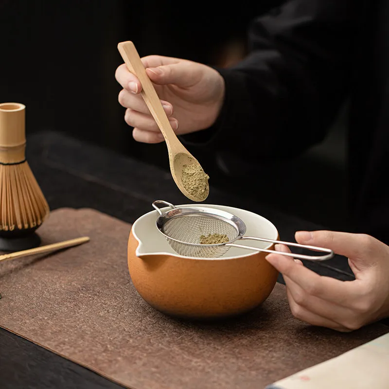 Guyun matcha eight-piece ceramic set including bowl, stand, spoon, strainer, sifter, mat, and Jiangshan shelf in Chinese style
