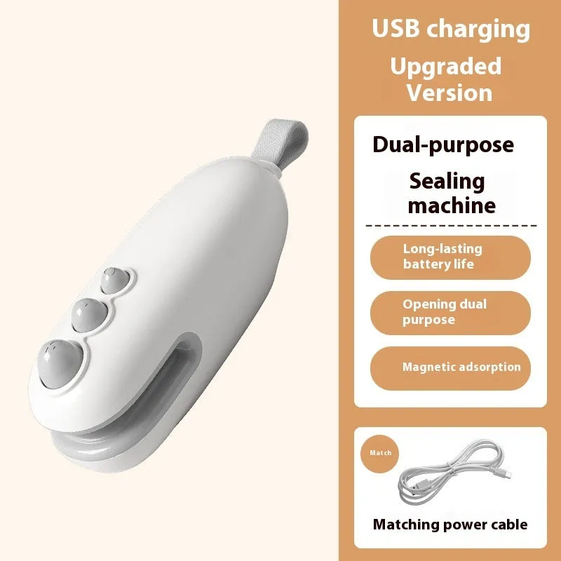 Mini automatic electric thermal sealing machine in ivory white with USB cable, ABS body, 12.2cm length
