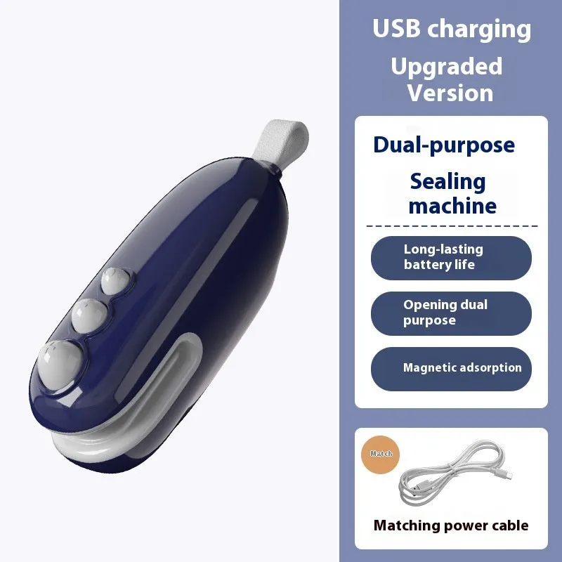 Mini automatic electric thermal sealing machine in ivory white with USB cable, ABS body, 12.2cm length