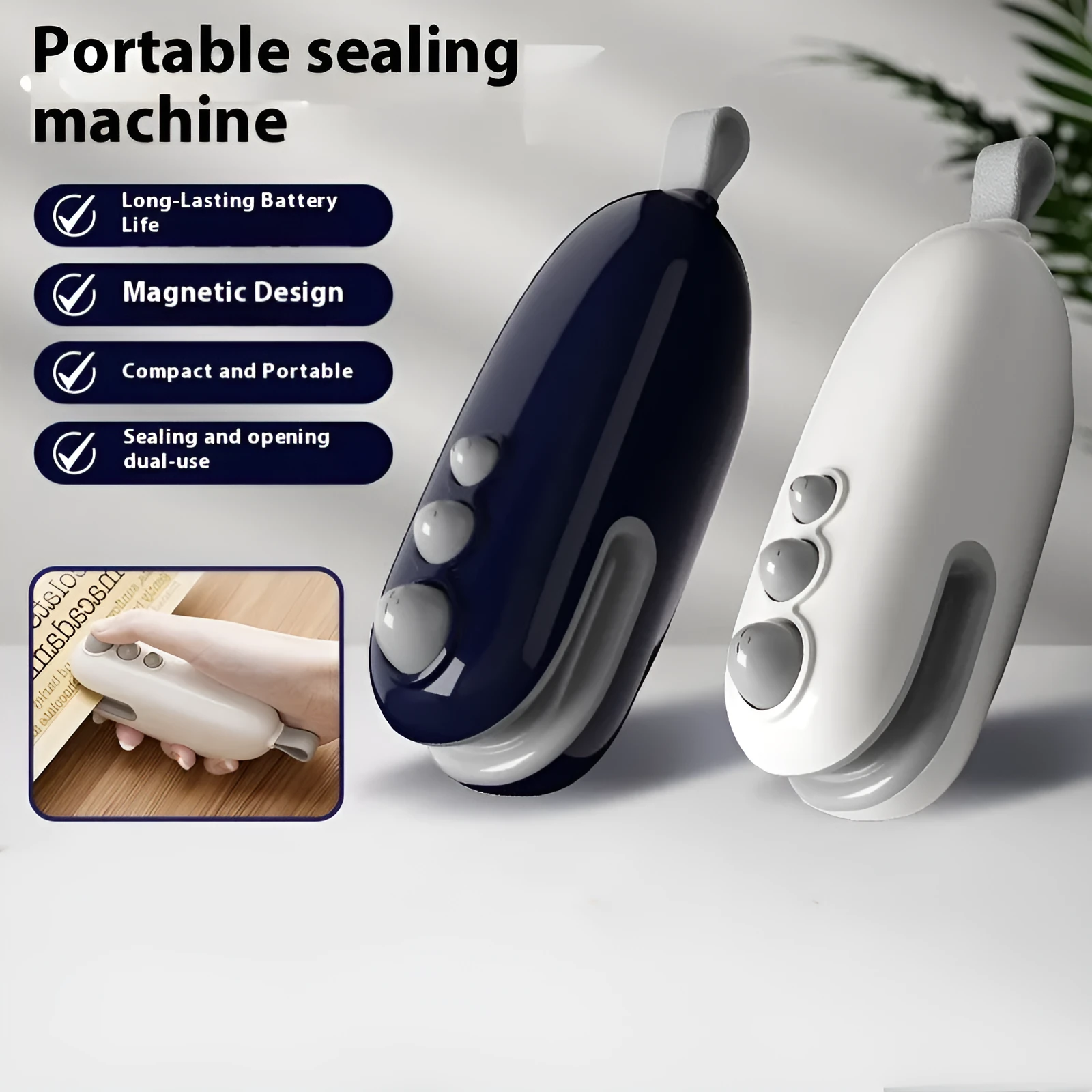 Mini automatic electric thermal sealing machine in ivory white with USB cable, ABS body, 12.2cm length