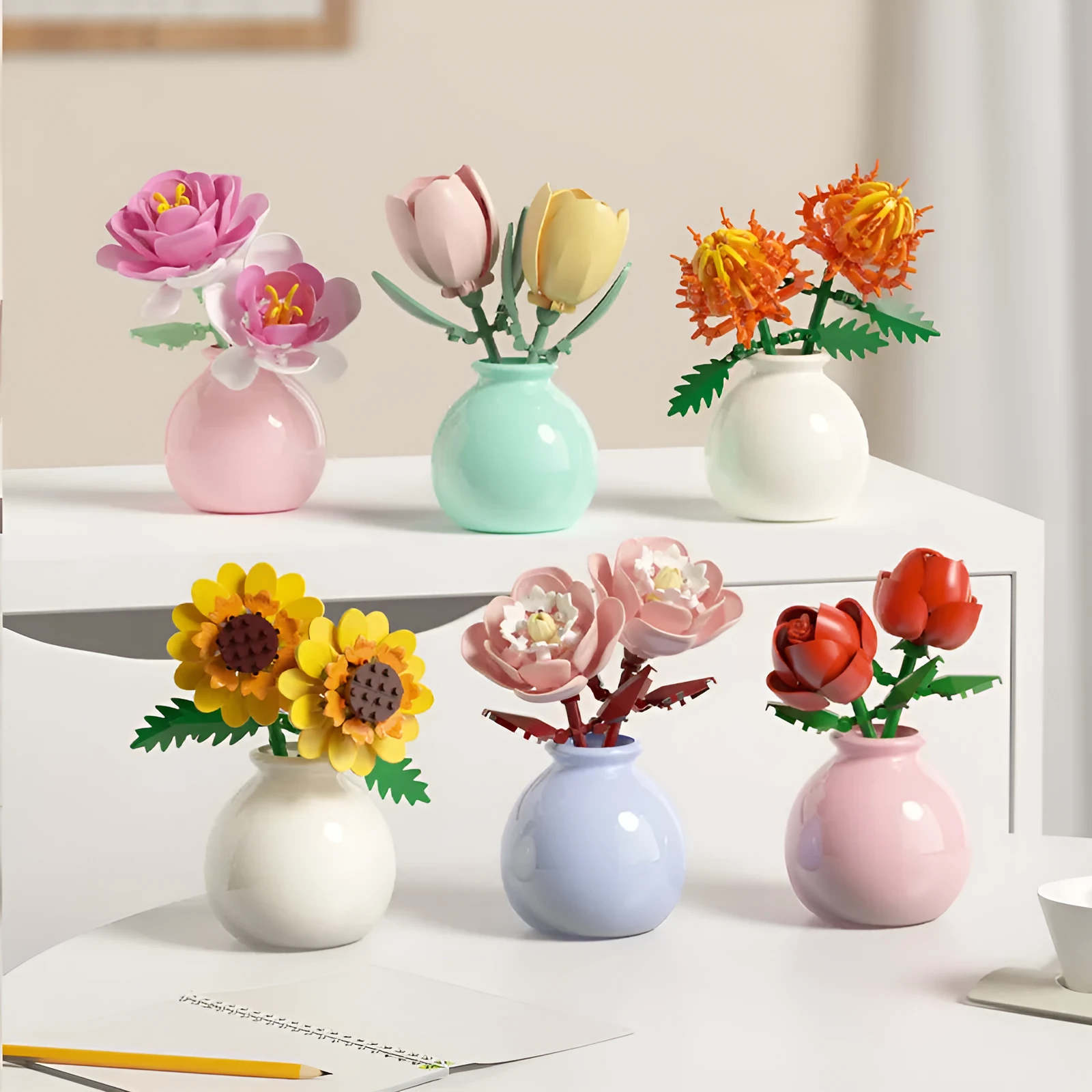 Assembled plastic building block flower in vase on tabletop