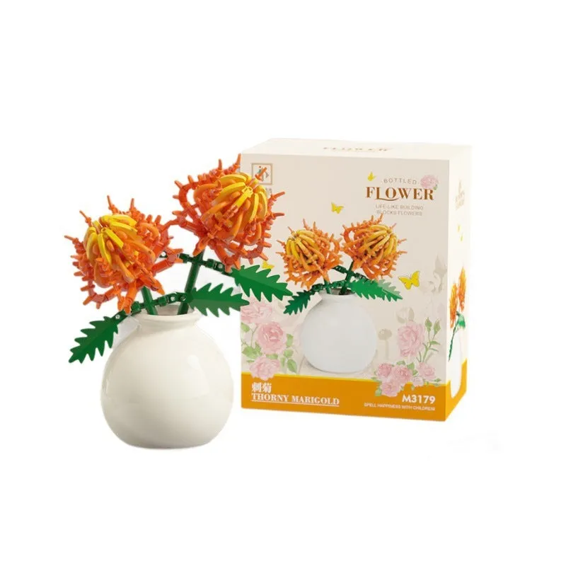 Assembled plastic building block flower in vase on tabletop