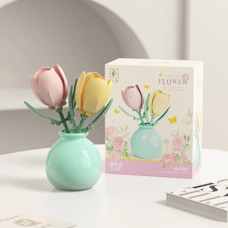Assembled plastic building block flower in vase on tabletop