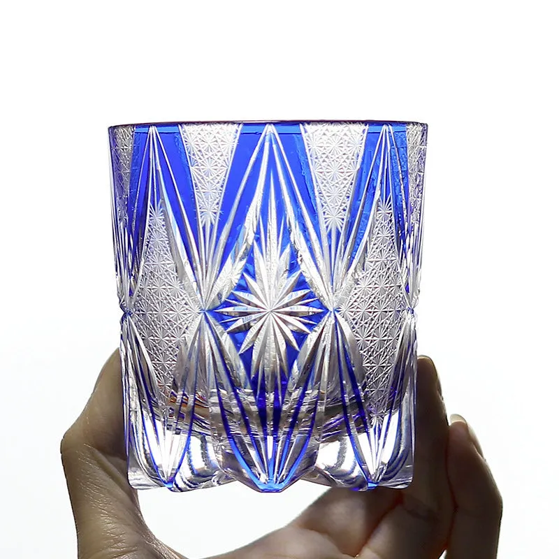 Hand carved blue crystal wine glass with 260ml capacity in retro Japanese style