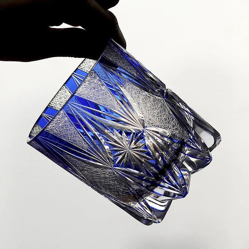 Hand carved blue crystal wine glass with 260ml capacity in retro Japanese style