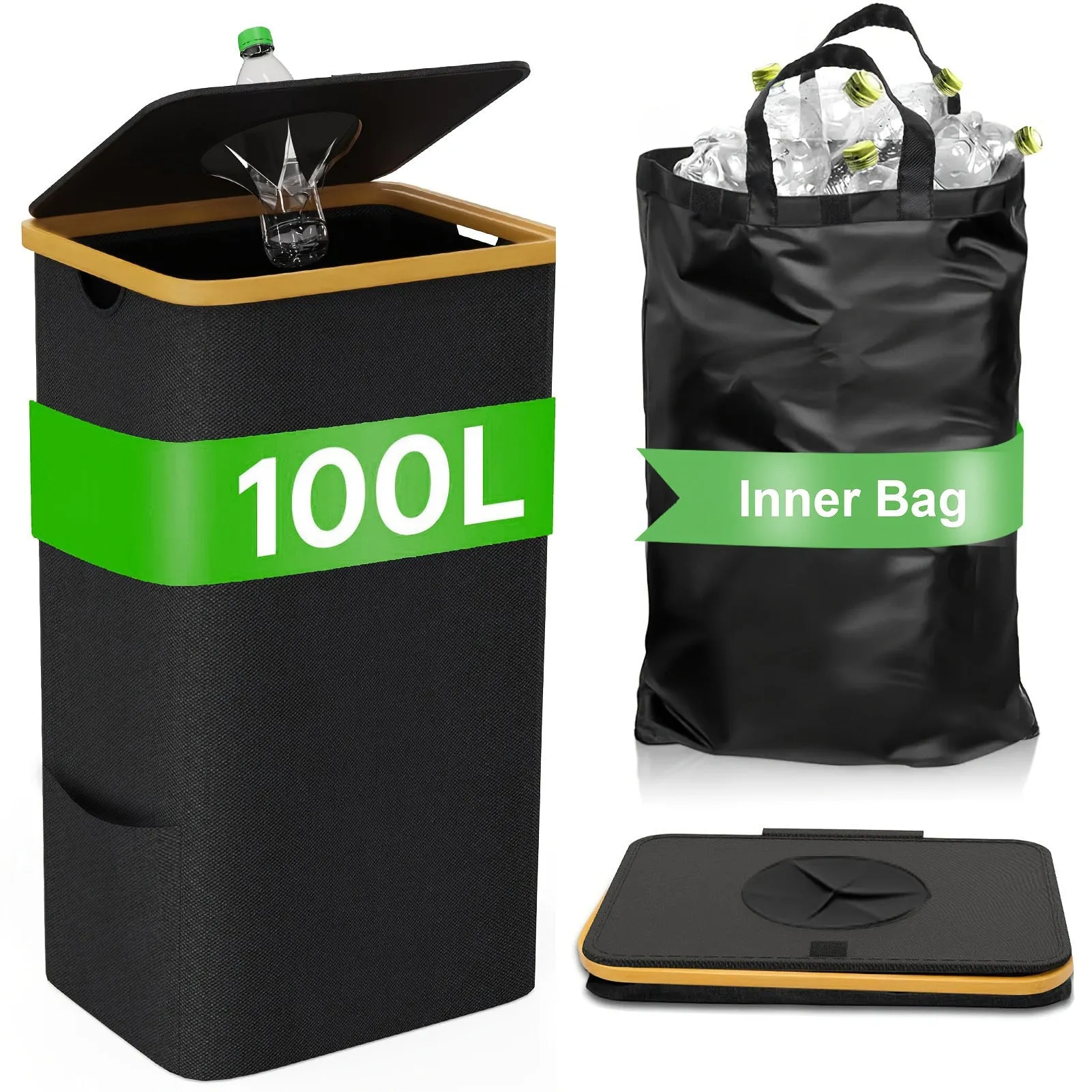 Black bamboo storage basket with removable lid, handle, and visible double inner pockets.