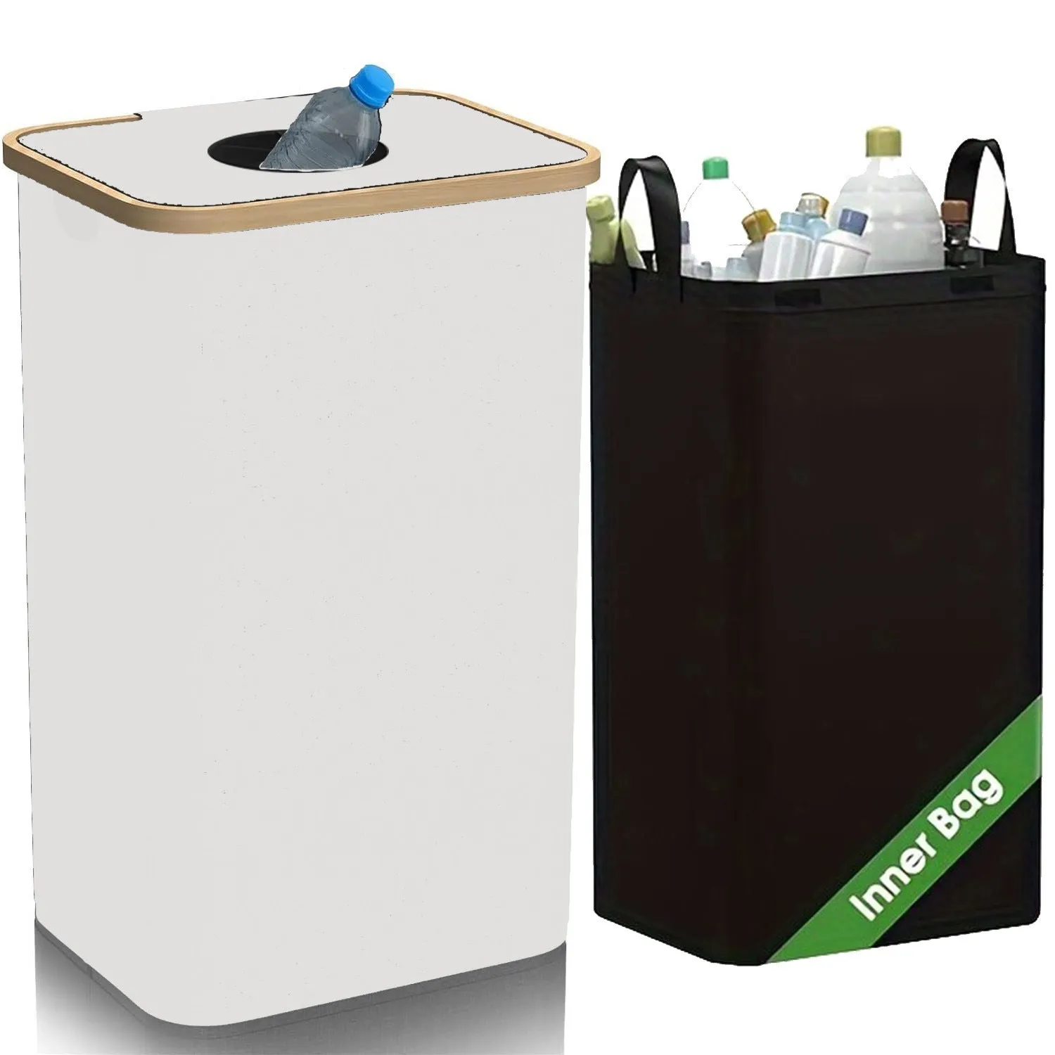 Black bamboo storage basket with removable lid, handle, and visible double inner pockets.