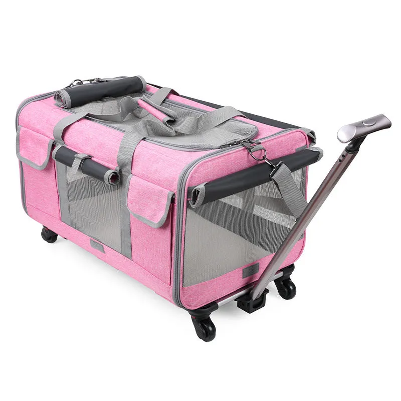 Foldable pet trolley bag in Oxford material with 17.50kg load capacity, solid colour design for cats and small dogs