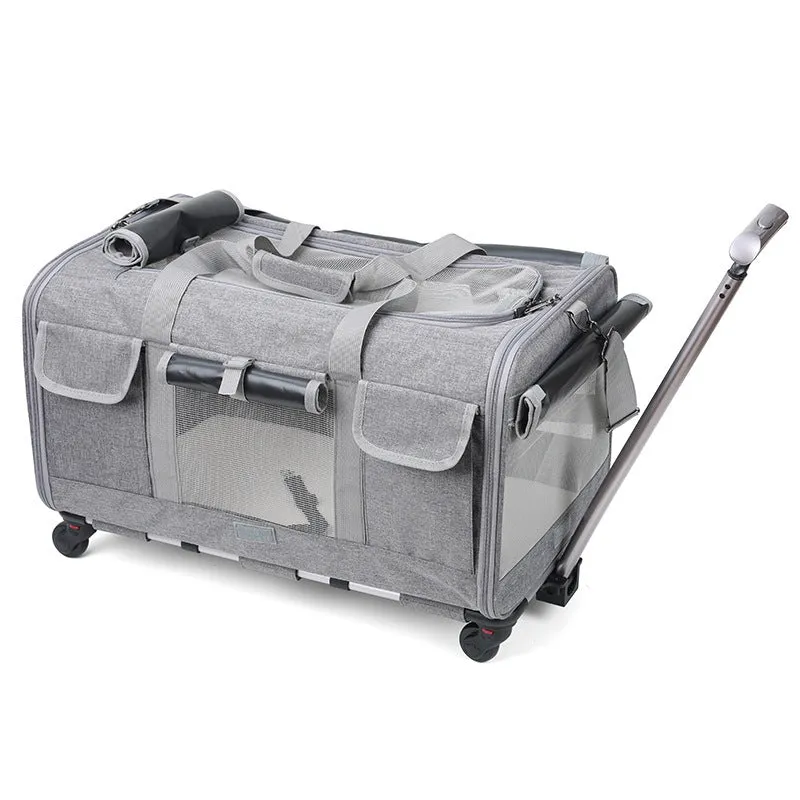 Foldable pet trolley bag in Oxford material with 17.50kg load capacity, solid colour design for cats and small dogs