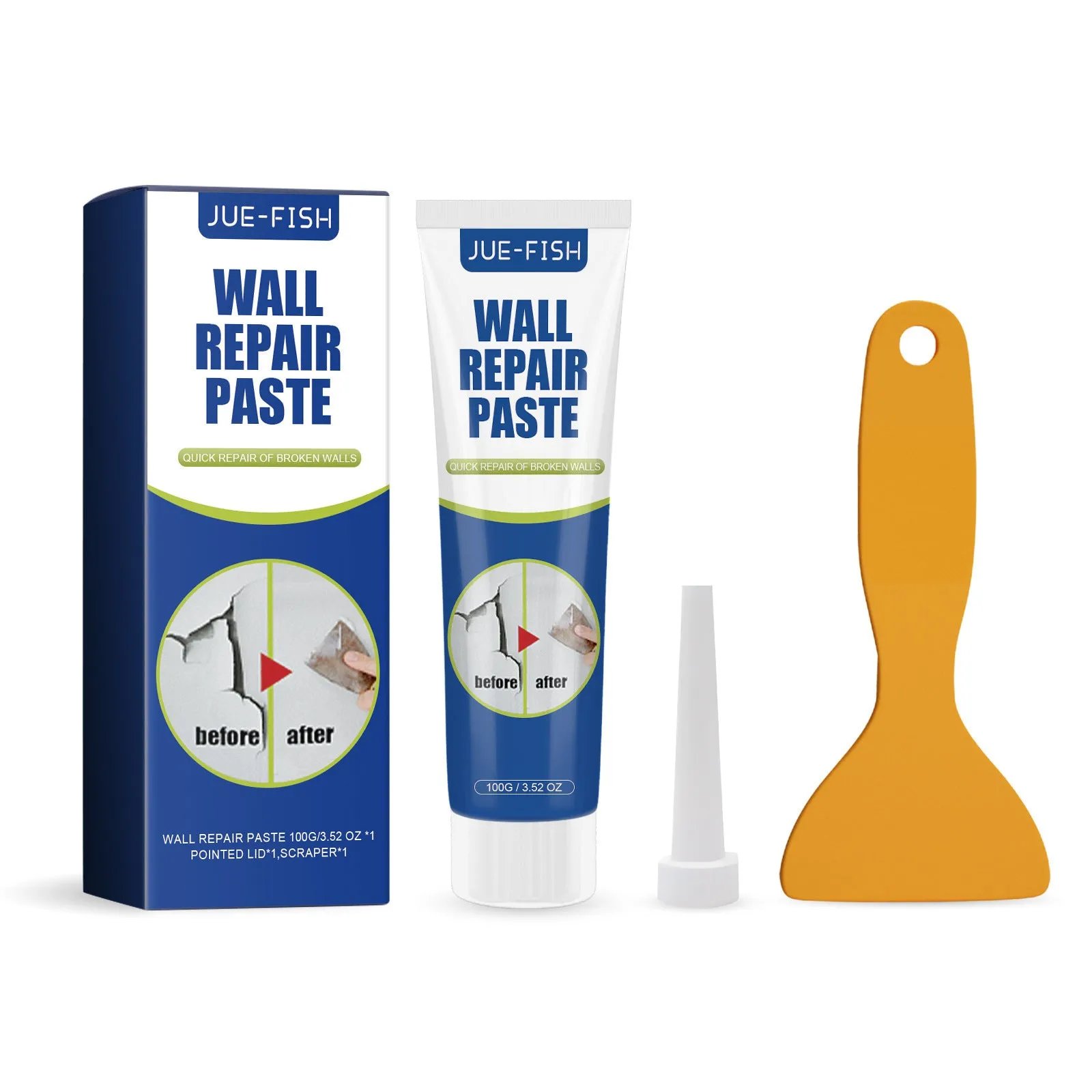 White wall crack repair paste 100g tube with pointed plastic scraper for latex paint wall repair