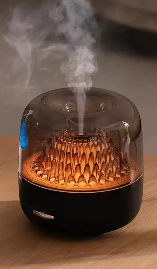 Round resin aroma diffuser with colourful light on a bedroom desktop, beige colour, plug-in humidifier