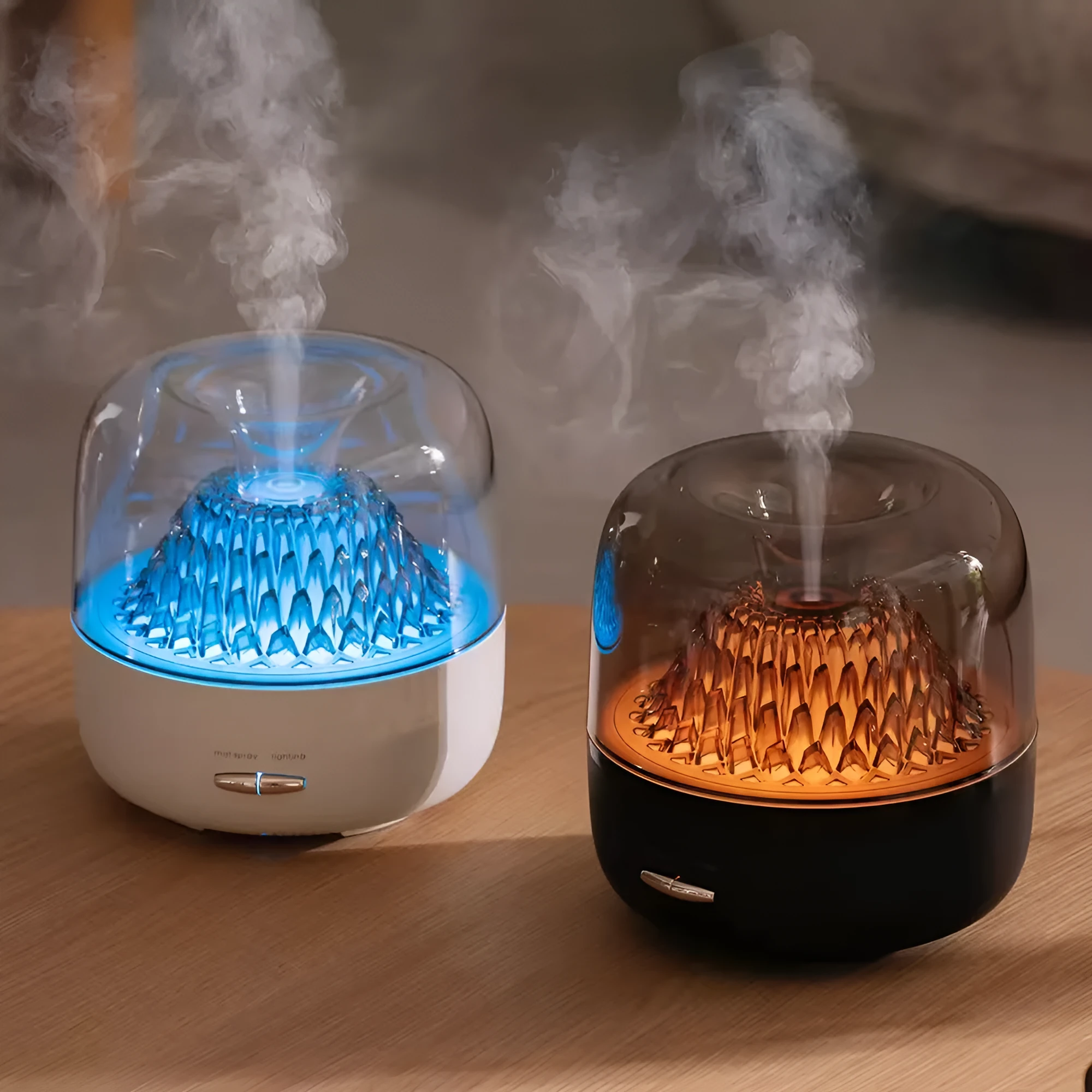 Round resin aroma diffuser with colourful light on a bedroom desktop, beige colour, plug-in humidifier