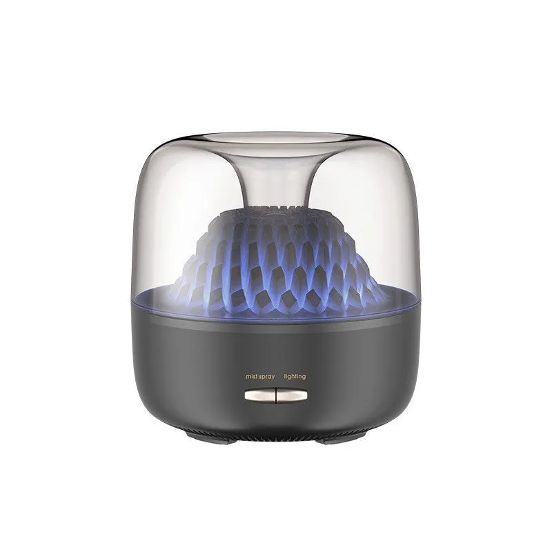 Round resin aroma diffuser with colourful light on a bedroom desktop, beige colour, plug-in humidifier