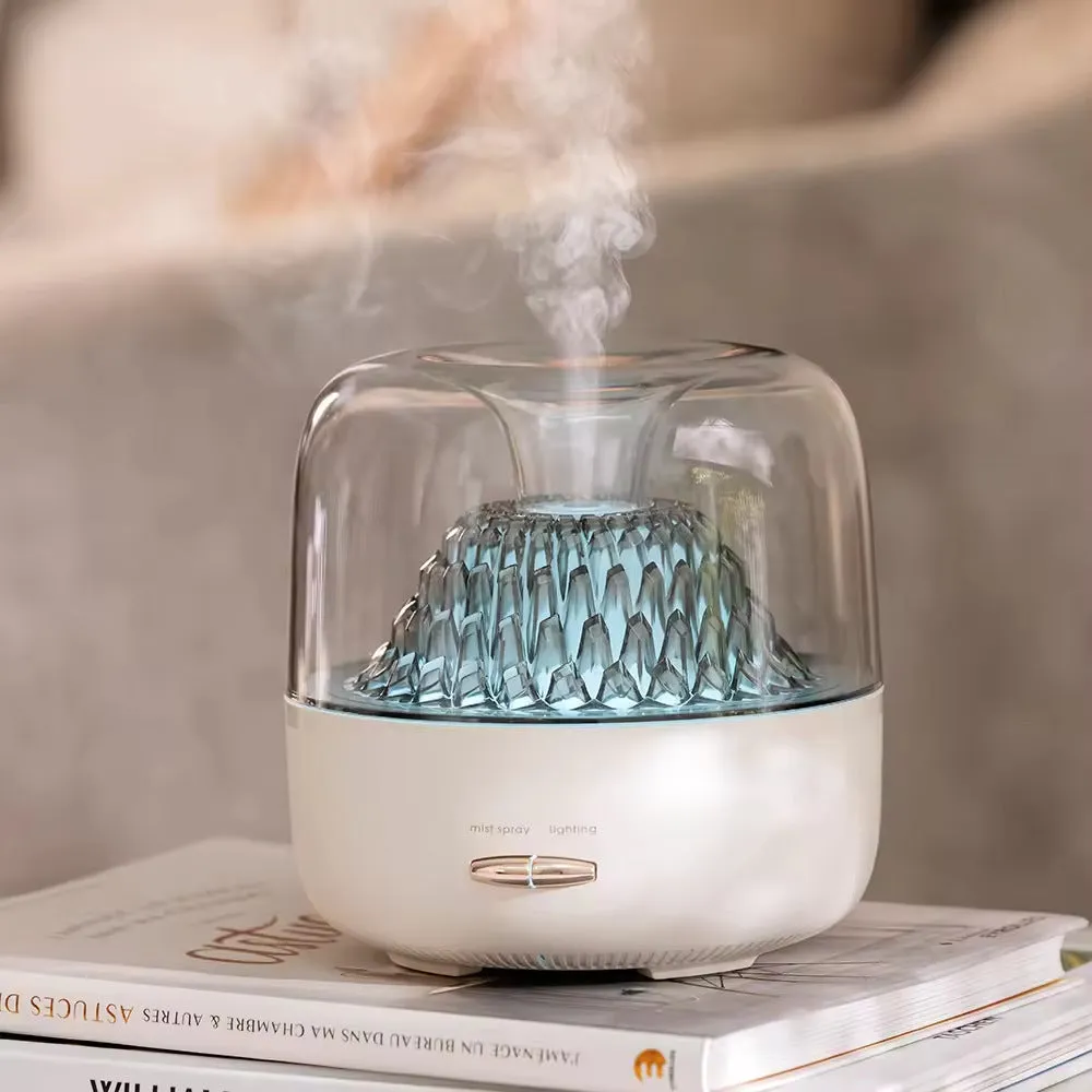 Round resin aroma diffuser with colourful light on a bedroom desktop, beige colour, plug-in humidifier
