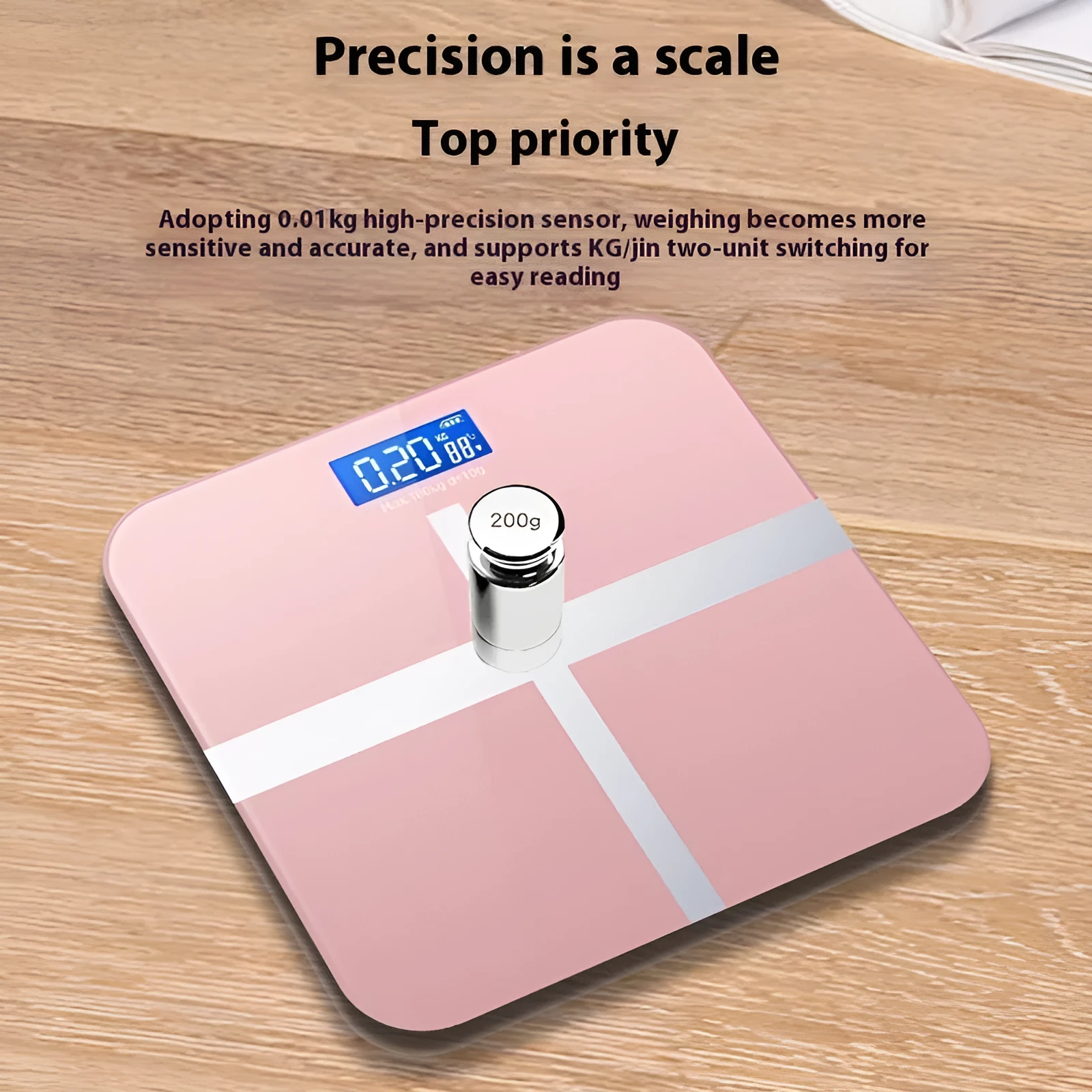 26x26cm household weighing scale showing multiple colour options including Cross Ice Crystal White, Piano Black and Rose Gold finishes