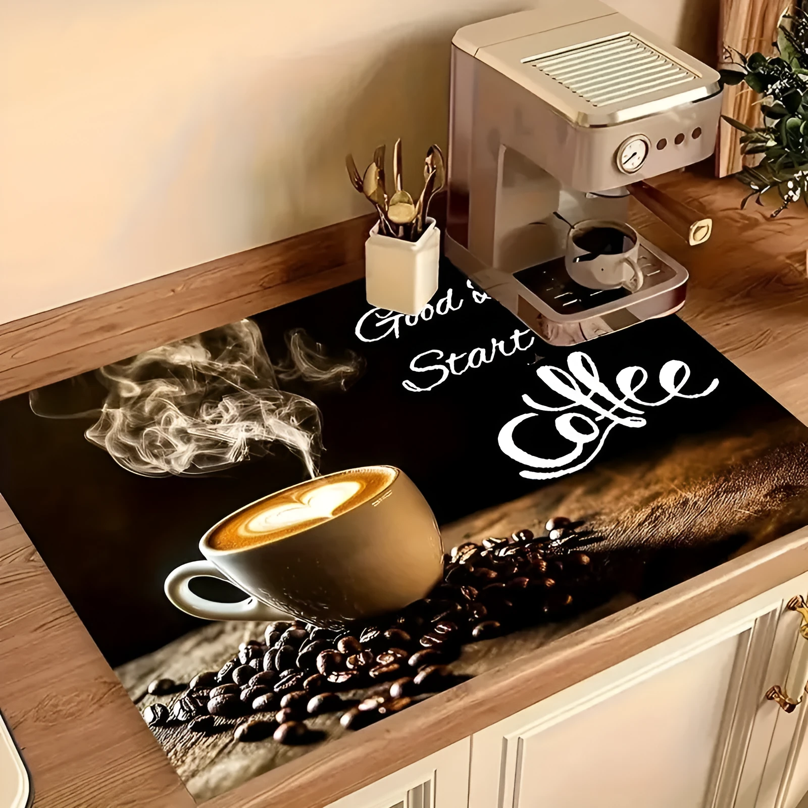 Square PVC draining pad for coffee maker with letter coffee theme print on kitchen countertop