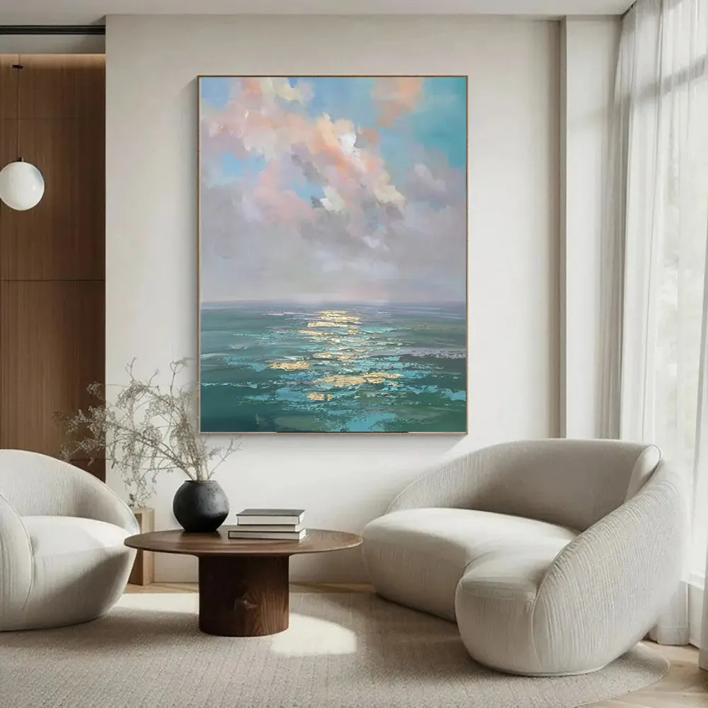 Handmade oil painting canvas wall art, modern abstract ocean landscape, rolled frameless, 40x60cm to 120x180cm