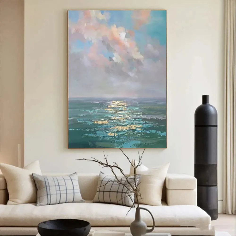 Handmade oil painting canvas wall art, modern abstract ocean landscape, rolled frameless, 40x60cm to 120x180cm