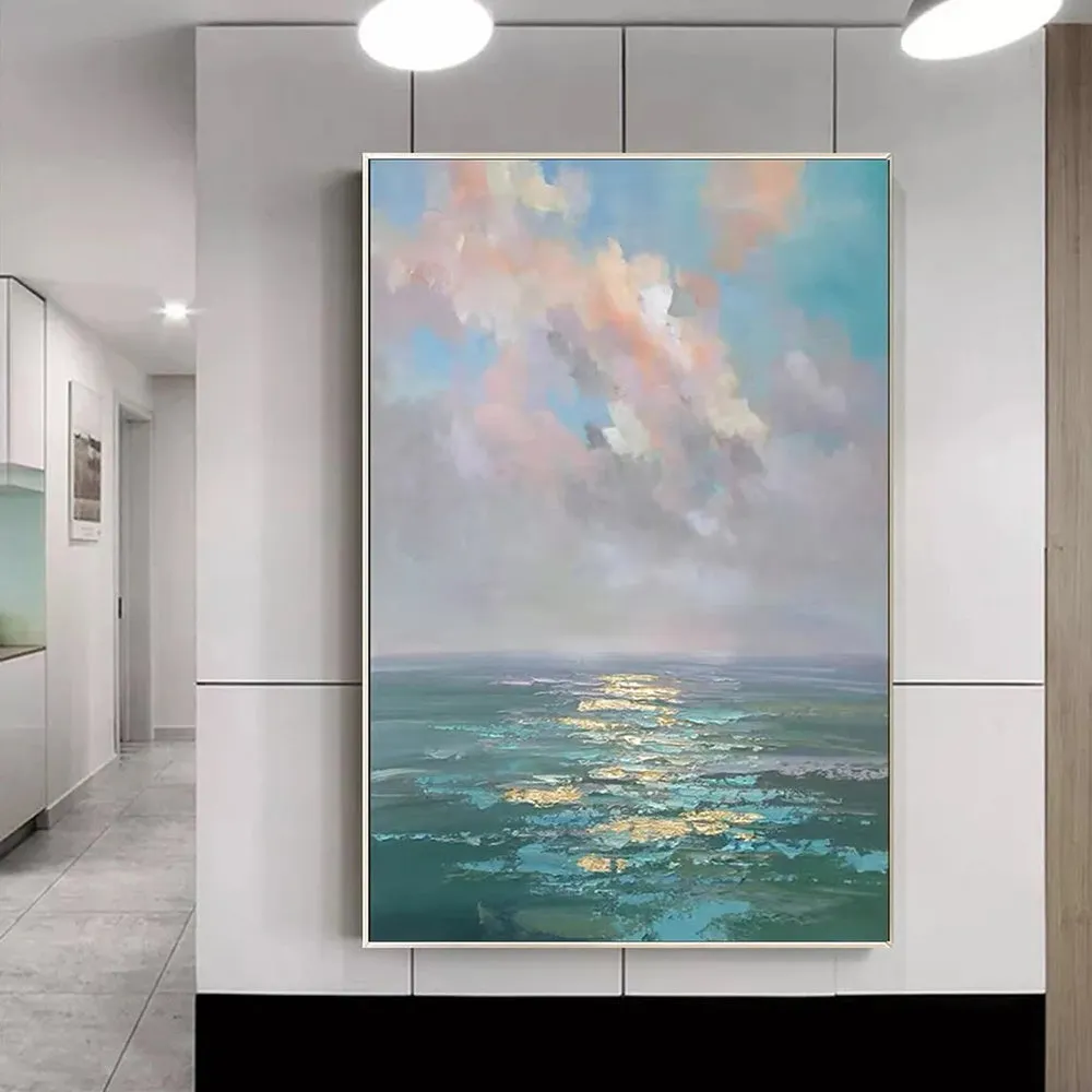 Handmade oil painting canvas wall art, modern abstract ocean landscape, rolled frameless, 40x60cm to 120x180cm